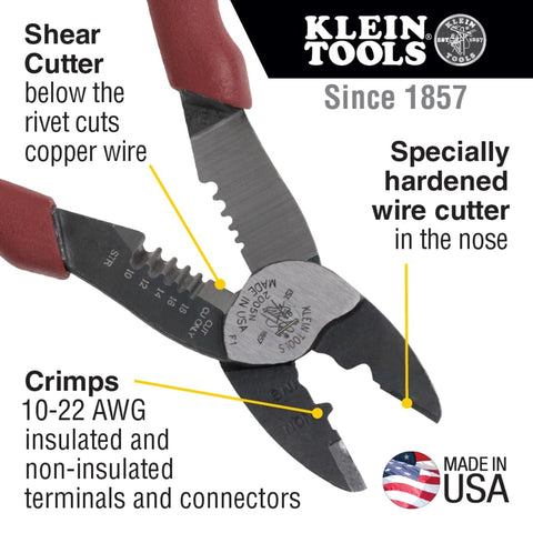 Klein Tools 2005N Wire Cutter, Made in USA, Stripper, Crimper Tool, Strips 10-18 AWG Stranded, Crimps 10-22 AWG Terminals, with Shear Cutter