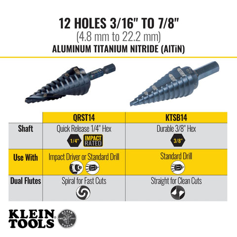 Klein Tools KTSB14 Step Drill Bit #14 Double-Fluted, 3/16 to 7/8-Inch with Easy-to-Read Step Markings and Targets, 3/8-Inch Hex Shank