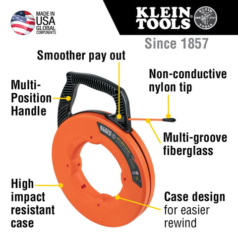 Klein Tools 56383 Non-Conductive Electrical Fish Tape, Multi-Groove Fiberglass Wire Puller, Nylon Tip, Optimized Housing and Handle, 100-Foot
