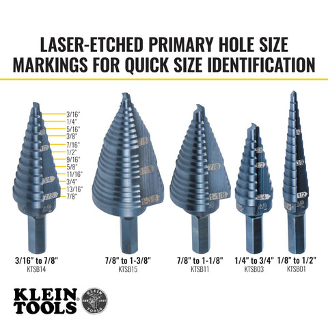 Klein Tools KTSB14 Step Drill Bit #14 Double-Fluted, 3/16 to 7/8-Inch with Easy-to-Read Step Markings and Targets, 3/8-Inch Hex Shank