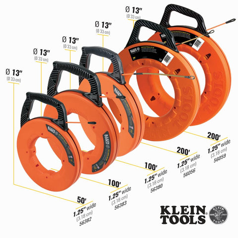 Klein Tools 56380 Non-Conductive Electrical Fish Tape, Multi-Groove Fiberglass Wire Puller with Steel Leader, 100-Foot x 3/16-Inch