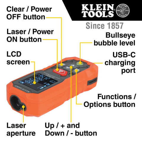 Klein Tools 93LDM200 Green Laser Distance Measure Tool, 200-Foot, Class 2 Laser, USB Rechargeable, Includes Protective Hard Case