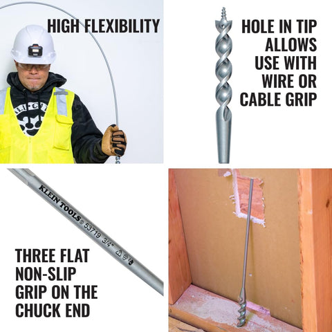 Klein Tools 53719 Flex Bit Auger, 3/4-Inch x 54-Inch Flexible Drill Bit for Pulling Wire Behind Walls