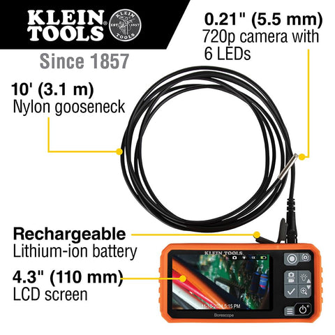 Klein Tools ET17 Utility Borescope with 5.5 mm 9.8-Foot Waterproof Gooseneck Snake, LEDs, 4.3-Inch LCD, Attachments, Endoscope Inspection Camera
