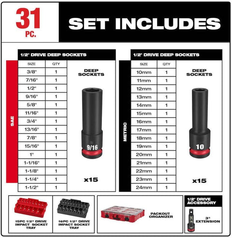 Milwaukee 49-66-6806 1/2” Impact Duty Socket Packout Set - 31 PC, Red, Black