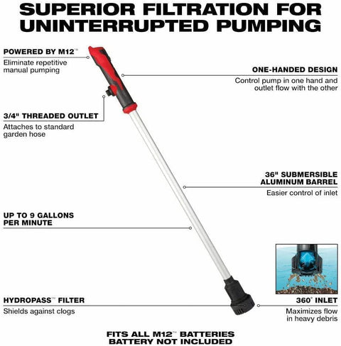 MILWAUKEE 2579-20 M12 Stick Transfer Pump - Gray, Aluminum, Submersible, 9 GPM, 15 ft Head Height
