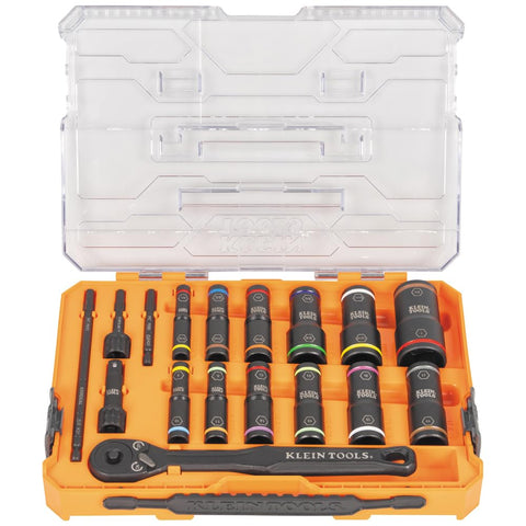 Klein Tools 65626 KNECT Deep Well Impact Socket Set, 3/8-Inch Drive Ratchet, 24 SAE and Metric Flip Socket Sizes, MODbox Case