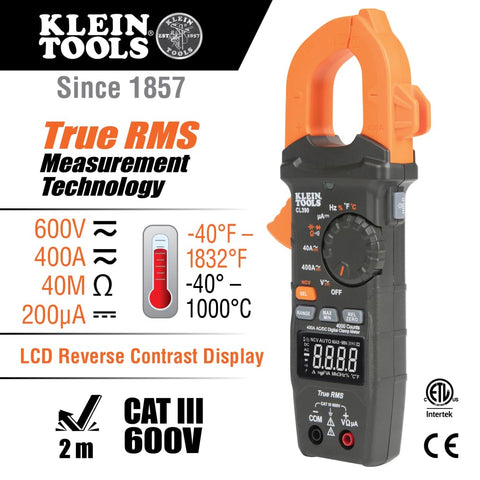Klein Tools CL390 AC/DC Digital Clamp Meter, Auto-Ranging, 400 Amp, NCVT Tester, Hi-Viz LCD Display, TRMS, Continuity Resistance, Temperature and More