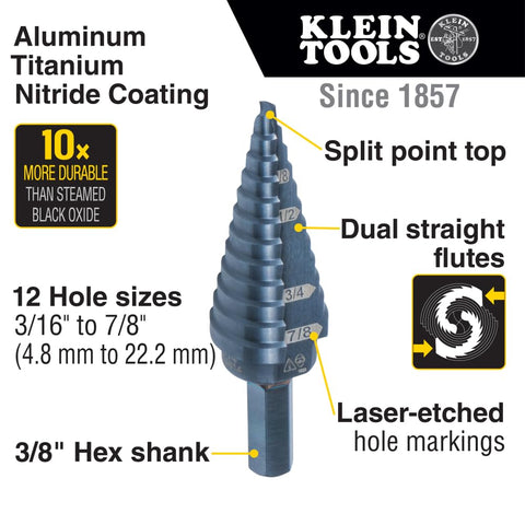 Klein Tools KTSB14 Step Drill Bit #14 Double-Fluted, 3/16 to 7/8-Inch with Easy-to-Read Step Markings and Targets, 3/8-Inch Hex Shank