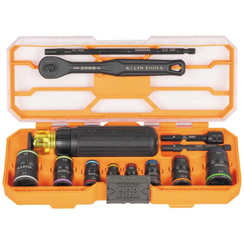 Klein Tools 65242 KNECT Impact Socket Set, Ratcheting Screwdriver Set, 1/4-Inch Drive, SAE and Metric Flip Sockets, 16 Hex Sizes, Adapters, MODbox Case