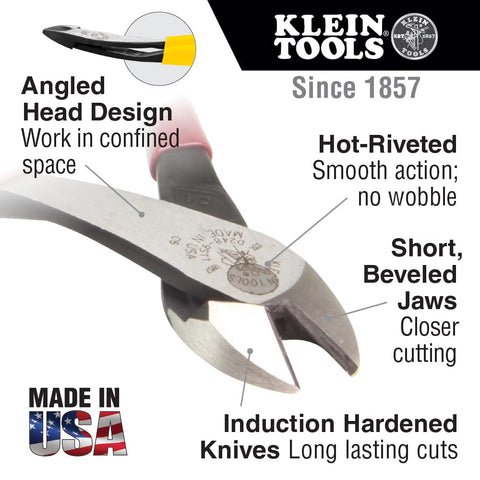 Klein Tools J2000-48 Pliers, Made in USA, Diagonal Cutting Pliers with Angled Head, Heavy-Duty to Cut ACSR, Screws, Nails, and most Hardened Wire, 8-Inch