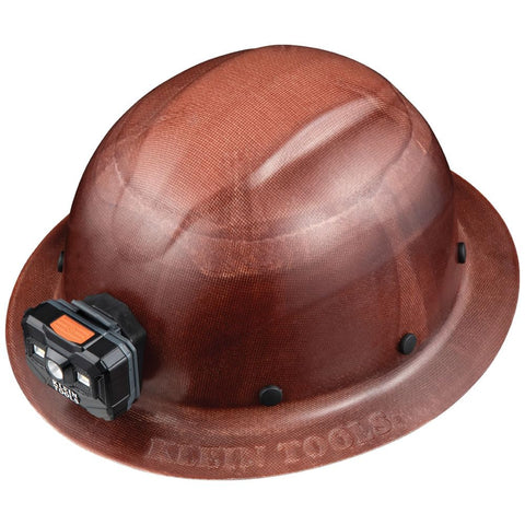Klein Tools 60447 Hard Hat, Full Brim Class G KONSTRUCT Series Hard Hat with Rechargeable Headlamp, Sweat-Wicking Sweatband, Top Pad, Brown