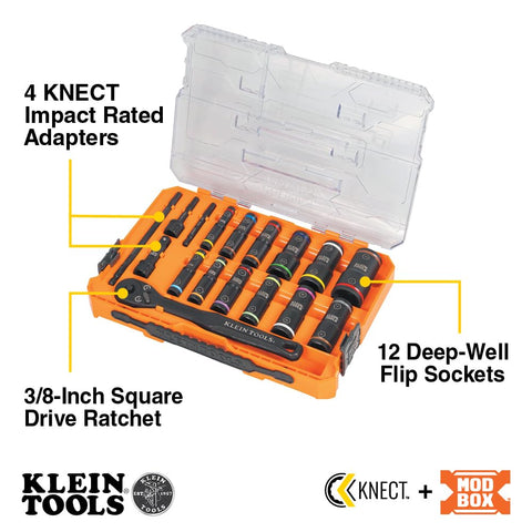 Klein Tools 65626 KNECT Deep Well Impact Socket Set, 3/8-Inch Drive Ratchet, 24 SAE and Metric Flip Socket Sizes, MODbox Case
