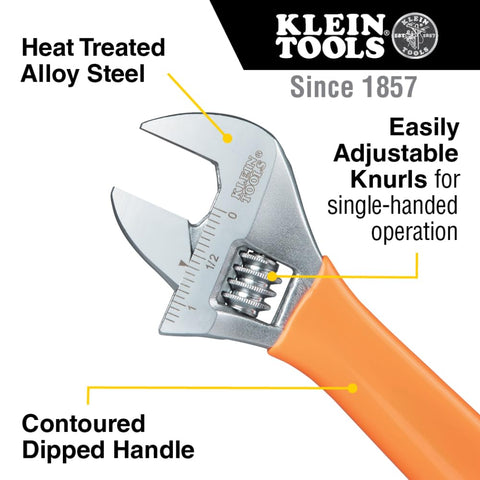 Klein Tools O5064 Adjustable Wrench, Extra-Capacity Jaw, Forged Heat-Treated Alloy Steel, SAE, Metric Scales, Plastic-Dipped Handle, 4-Inch