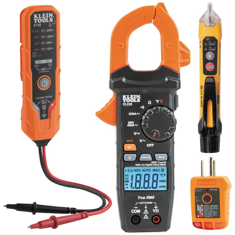 Klein Tools CL220VP Electrical Test Kit with Digital Clamp Meter, Non-Contact Voltage Test Pen, GFCI Outlet Tester, AC/DC Voltage Tester