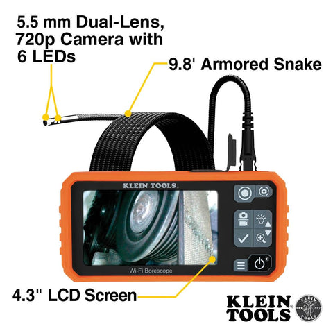 Klein Tools ET19 Wi-Fi Pro Borescope with Dual-Lens, 5.5 mm 9.8-Foot Armored Waterproof Gooseneck Snake, LEDs, 4.3-Inch LCD, Endoscope Inspection