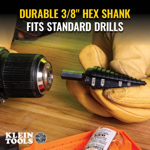Klein Tools KTSB14 Step Drill Bit #14 Double-Fluted, 3/16 to 7/8-Inch with Easy-to-Read Step Markings and Targets, 3/8-Inch Hex Shank