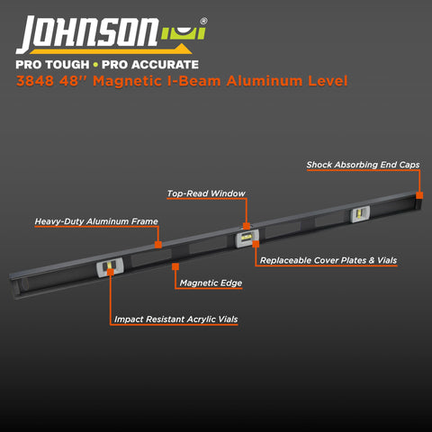 Johnson Level Tool 3848 Magnetic Professional Aluminum Level 48" Black 1" Level