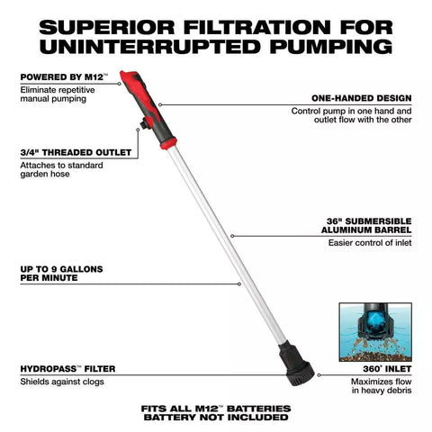 Milwaukee Stick Transfer Pump Kit 2579-20 M12 12V Stick Transfer Pump w/ 4AH and 2AH Starter Kit