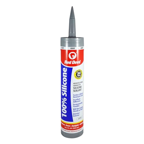 Red Devil 081650 100% Silicone Architectural Grade RTV Sealant, A Water-Resistant Adhesive for Interior and Exterior Use, 2.8 oz. Tube, Gray, 12-Pack