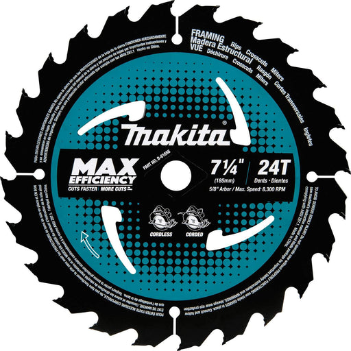 Makita B-61656 7-1/4" 24T Carbide-Tipped Max Efficiency Circular Saw Blade, Framing