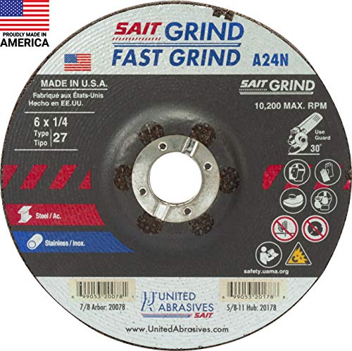 United Abrasives-SAIT 20078 A24N Fast Grinding Wheel 6" x 1/4" x 7/8" Type 27, 25-Pack