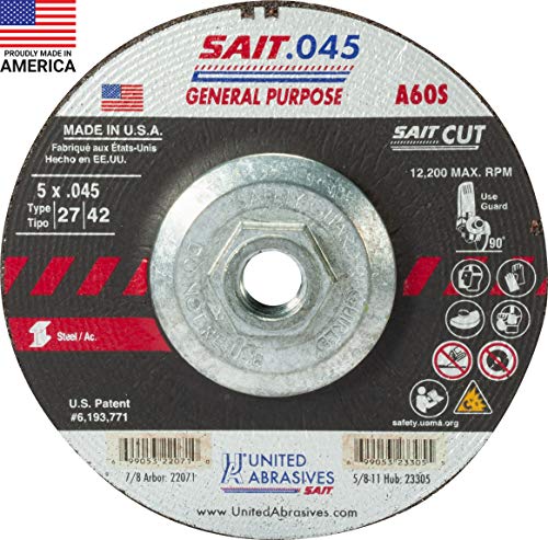 United Abrasives-SAIT 23305 A60S General Purpose Cut-Off Wheels (Type 27/Type 42 Depressed Center) 5" x .045" x 5/8-11", 10-Pack