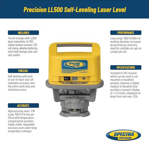 Spectra Precision LL500 Self-Leveling Laser Level w/ HL700 Receiver C70