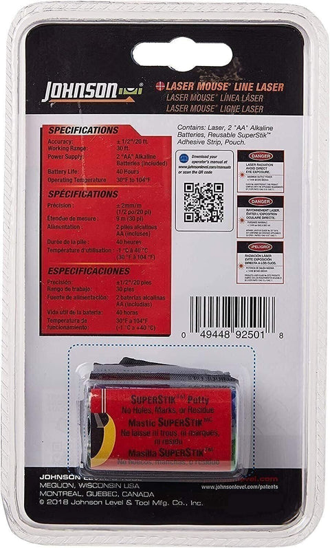 Johnson Level 9250 Laser Mouse Level Tool 30ft Self-Leveling Horizontal Vertical Line