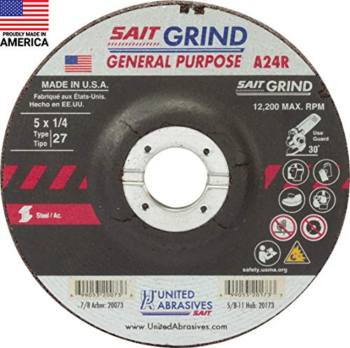 United Abrasives-SAIT 20073 A24R General Purpose/Long Life Grinding Wheel (Type 27/Depressed Center]) 5" x 1/4" x 7/8",25-Pack