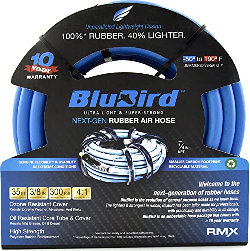 BLUBIRD BB3835 3/8" x 35' Rubber Air Hose, 100% Rubber, Lightest, Strongest, Most Flexible, 300 PSI, 50F to 190F Degrees, Ozone Resistant, High Strength Polyester Braided
