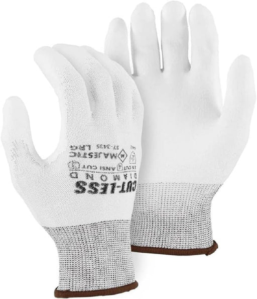 Majestic 37-3435 White Cut-Less Diamond Seamless Knit Glove with Polyurethane Palm Coating Cut Resistant Gloves, Medium, 1 Pair