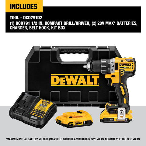 DeWALT DCD791 20V MAX XR Li-Ion 2.0 Ah Brushless Cordless 1/2" Drill Driver Kit