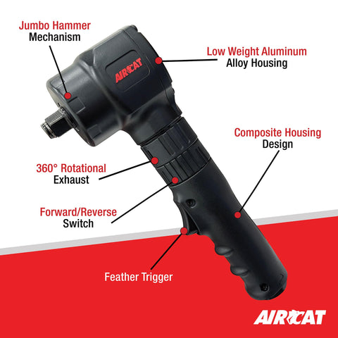 AIRCAT 1070 1/2" Pneumatic Angle Impact Wrench, 500 ft-lb Max Torque Pneumatic