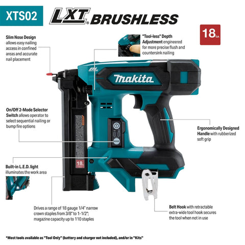 Makita XTS02Z 18V LXT Li-Ion Brushless Cordless 1/4" 18 Ga Narrow Crown Stapler
