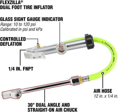 FLEXZILLA AL2051FZ Dual Foot Tire Inflator 12 in Hose Glass Sight Gauge 10–120 psi