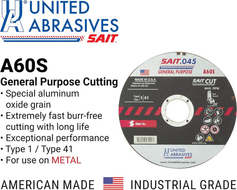 United Abrasives 23101 Cut-Off Wheels A60S Type 1/41 4-1/2" x .045" x 7/8" 50 Pk