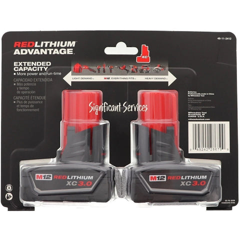 Milwaukee 48-11-2412 M12 XC3.0 RedLithium 3.0Ah Battery 2-Pack 12V Li-Ion