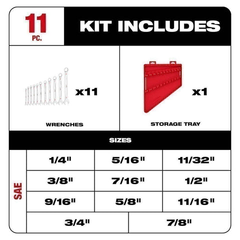 Milwaukee 48-22-9411 11PC SAE Combination Wrench Set Durable Metric Hand Tools