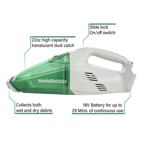 Metabo HPT 18V Cordless Handheld Vacuum | Tool Only - No Battery | Capable of 29 Minutes of Non-Stop Use | Lightweight Only 3 Pounds | R18DSLQ4