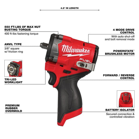 Milwaukee 2562-20 M12 FUEL 12V Cordless Stubby 3/8-Inch Impact Wrench
