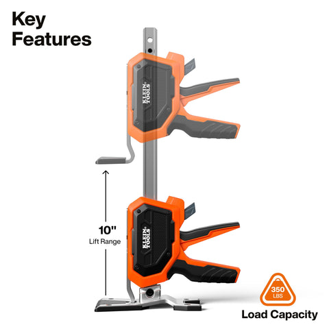 Klein Tools 77000 Heavy-Duty Construction Jack, 350-Pound Capacity, 10-Inch Lift Range, Drywall Lift Tool, Hands-Free Lifting, Clamping Capable, Non-Marring Foot Pads