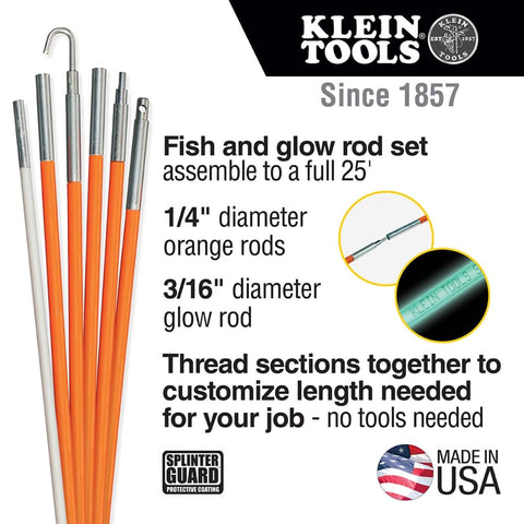 Klein Tools 56325 25-Foot Glow Fish Rod Set Wire Puller Made in USA
