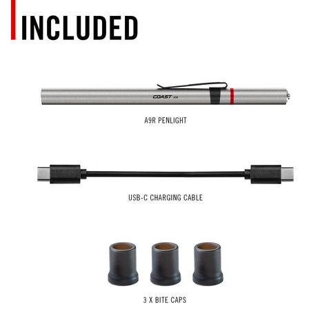 Coast A9R Rechargeable Inspection Beam LED Penlight 54 Lumens Flex Charge Silver
