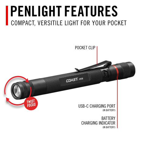 COAST HP3R 500 Lumen Rechargeable LED Penlight TWIST FOCUS Black 20818 385 Lumen