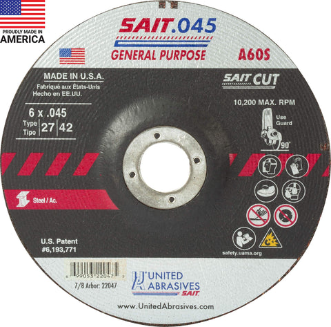 United Abrasives-SAIT 22047 A60S General Purpose Cut-Off Wheel (Type 27/Type 42 Depressed Center) 6" x .045" x 7/8", 50-Pack