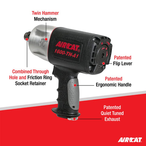 AIRCAT 1600-TH-A1 1" Composite Impact Wrench 1,400 ft-lb Max Torque Pneumatic