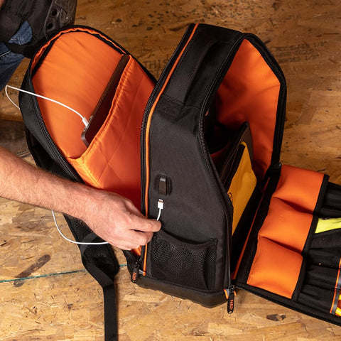 Klein Tools 62805BPTECH 28-Pocket Laptop Backpack Tool Bag, Tradesman Pro Extra-Large Tech Tool Backpack with Molded Bottom, Charging Port