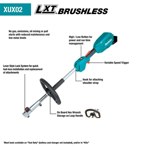 Makita XUX02SM1X6 18V LXT® Brushless Couple Shaft Power Head Kit w/String Trimmer, Pole Saw, Art. Hedge Trimmer & Blower Attachments (4.0Ah)