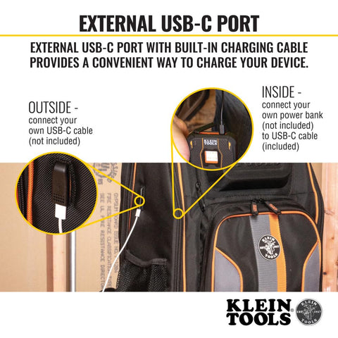 Klein Tools 62805BPTECH 28-Pocket Laptop Backpack Tool Bag, Tradesman Pro Extra-Large Tech Tool Backpack with Molded Bottom, Charging Port